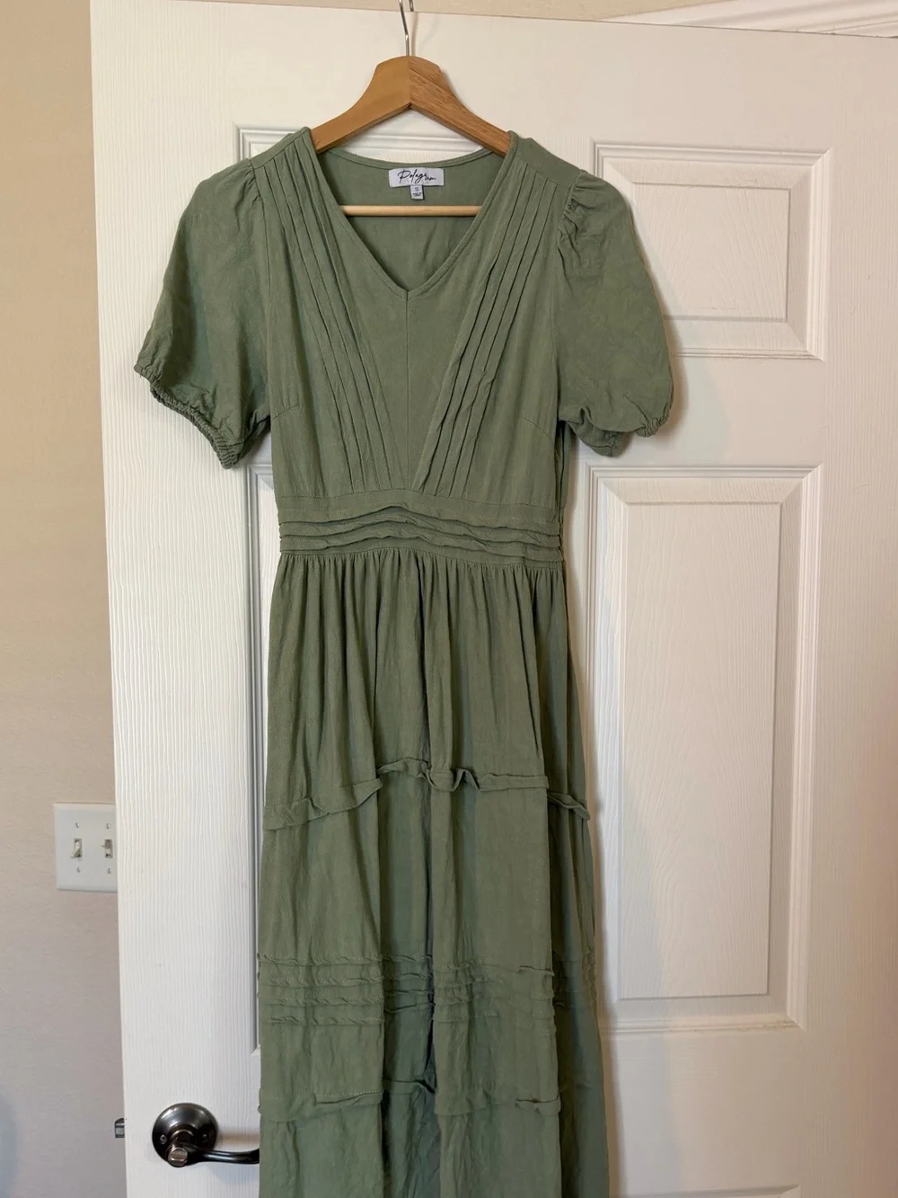 Misa Los Angeles Olive Green V-Neck Pintuck Tiered Midi Dress